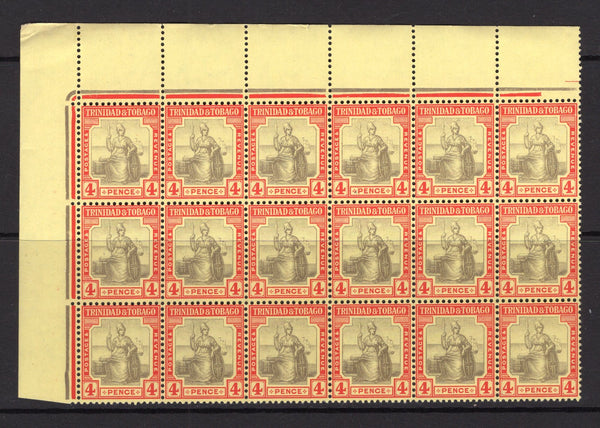TRINIDAD & TOBAGO - 1913 - MULTIPLE: 4d black & red on pale yellow 'Britannia' issue, watermark 'Multi Crown CA'. A fine unmounted mint corner marginal block of eighteen. (SG 152d)  (TRI/34451)