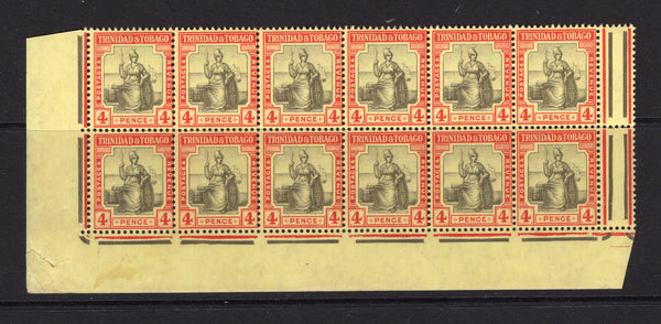 TRINIDAD & TOBAGO - 1913 - MULTIPLE: 4d black & red on lemon 'Britannia' issue, watermark 'Multi Crown CA'. A fine unmounted mint marginal block of twelve comprising the bottom two complete rows of the pane with sheet margins on three sides. (SG 152c)  (TRI/34453)