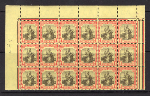 TRINIDAD & TOBAGO - 1913 - MULTIPLE: 4d black & red on yellow 'Britannia' issue, watermark 'Multi Crown CA'. A fine unmounted mint marginal block of eighteen comprising the top three rows of the pane with sheet margins on three sides. (SG 152)  (TRI/34455)