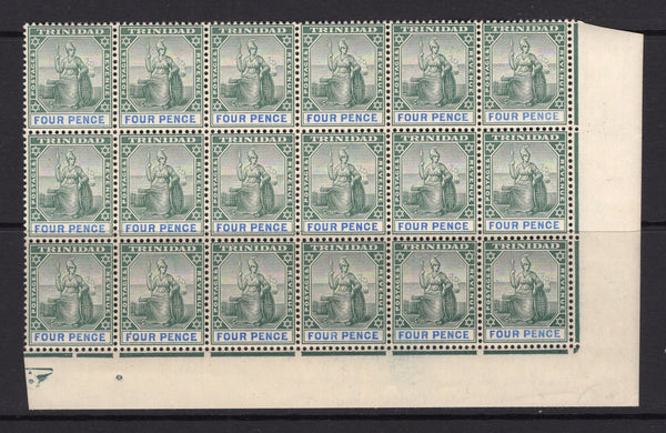 TRINIDAD & TOBAGO - 1901 - MULTIPLE: 4d green & blue on buff 'Britannia' issue, a fine unmounted mint corner marginal block of eighteen. (SG 130)  (TRI/34457)