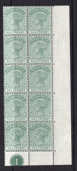TRINIDAD & TOBAGO - 1883 - MULTIPLE: ½d dull green QV issue, a fine unmounted mint corner marginal block of ten with '1' plate number in margin. Uncommon in multiples. (SG 106)  (TRI/34460)