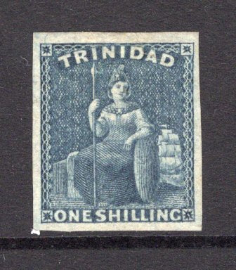 TRINIDAD & TOBAGO - 1859 - CLASSIC ISSUES: 1/- indigo 'Britannia' issue, a fine mint copy with four large margins. (SG 29)  (TRI/34663)