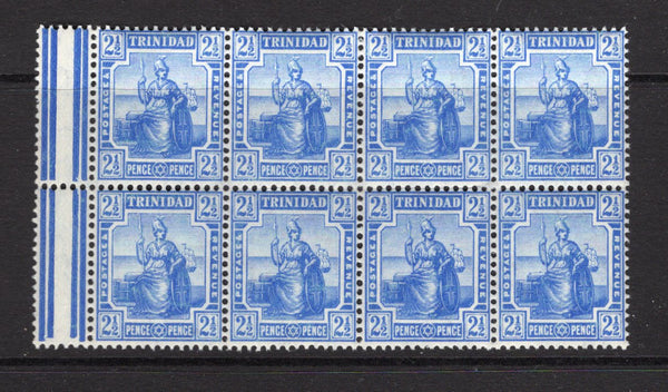 TRINIDAD & TOBAGO - 1909 - MULTIPLE: 2½d blue 'Britannia' issue inscribed 'TRINIDAD'. A fine unmounted mint side marginal block of eight. (SG 148)  (TRI/35585)