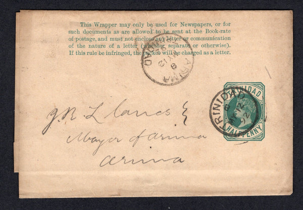 TRINIDAD & TOBAGO - 1892 - POSTAL STATIONERY: ½d green QV postal stationery wrapper (H&G E1) used with TRINIDAD cds dated MAY 12 1892. Addressed internally to 'G. R. L. Lanes, Mayor of Arima, Arima' with ARIMA arrival cds on front.  (TRI/35911)