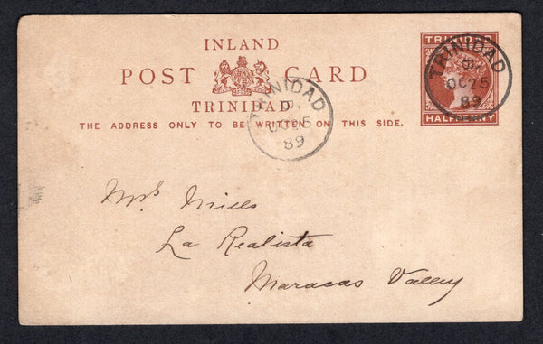 TRINIDAD & TOBAGO - 1889 - POSTAL STATIONERY & DESTINATION: ½d brown QV postal stationery card (H&G 1) datelined 'Family Hotel 25 Oct 1889' used with TRINIDAD cds dated OCT 25 1889. Addressed internally to 'Miss Mills, La Realista, Maracas Valley' with ST. JOSEPH arrival cds on reverse.  (TRI/37118)