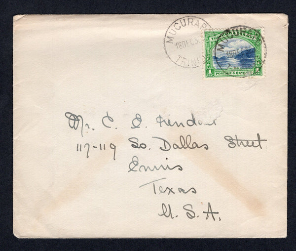 TRINIDAD & TOBAGO - 1936 - CANCELLATION: Unsealed cover franked with single 1935 1c blue & green (SG 230) tied by two good strikes of MUCURAPO cds dated 18 DEC 1936. Addressed to USA with PORT OF SPAIN transit cds on reverse. Slight scuff on front of cover but a less common origination.  (TRI/37192)
