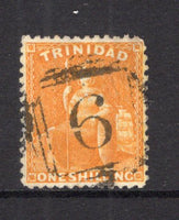TRINIDAD & TOBAGO - 1863 - CANCELLATION: 1/- chrome yellow 'Britannia' issue, perf 12½, a fine used copy with complete strike of Numeral '6' cancel of AROUCA. A fine & scarce cancel. (SG 74)  (TRI/37516)