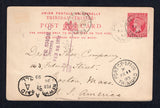 TRINIDAD & TOBAGO - 1893 - POSTAL STATIONERY & CANCELLATION: 1d carmine on cream QV postal stationery card (H&G 3) used with two strikes of CALIFORNIA cds dated FEB 11 1893. Addressed to USA with PORT OF SPAIN transit cds and various USA arrival marks all on front.  (TRI/38749)