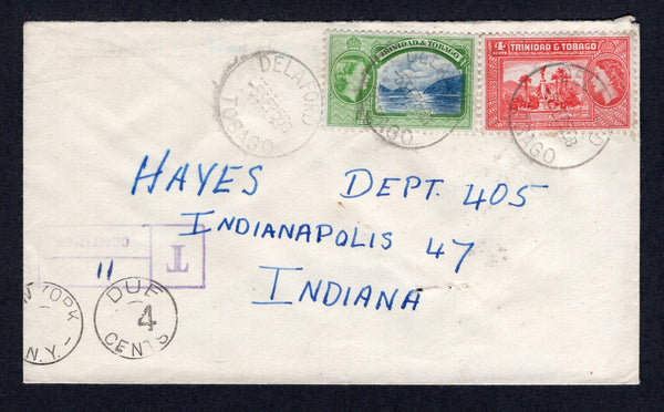 TRINIDAD & TOBAGO - 1956 - CANCELLATION & POSTAGE DUE: Cover franked with 1953 1c blue & green and 4c scarlet QE2 issue (SG 267 & 270) tied by three strikes of DELAFORD TOBAGO cds dated 5 SEP 1956 with boxed 'T 11 CENTIMES' marking in purple alongside. Addressed to USA with NEW YORK DUE 4 CENTS tax marking struck on arrival. A scarcer origination.  (TRI/39349)