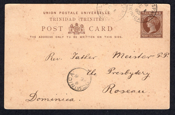TRINIDAD & TOBAGO - 1900 - POSTAL STATIONERY & DESTINATION: 1½d brown on cream QV postal stationery card (H&G 4) used with PORT OF SPAIN cds dated FEB 1 1900. Addressed to ROSEAU, DOMINICA with fine DOMINICA arrival cds on front. Full commercial message on reverse. A few light tone spots but a nice inter-island use.  (TRI/39572)