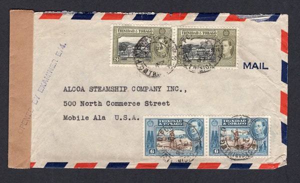 TRINIDAD & TOBAGO - 1942 - CENSORED MAIL: Airmail cover franked with 1938 pair 6c sepia & blue and pair 24c black & olive green GVI issue (SG 250 & 253) tied by PORT OF SPAIN cds's. Addressed to USA with plain brown censor strip tied by straight line 'OPENED BY EXAMINER E/4' handstamp in purple at left.  (TRI/40305)