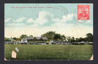 TRINIDAD & TOBAGO - 1913 - CANCELLATION: Colour PPC 'Race Day - Queen's Park, Port of Spain, Trinidad' datelined 'Helvetia Estate, Tabaquite, Trinidad, B.W.I.' franked on picture side with 1909 1d rose red (SG 147) tied by TABAQUITE cds dated MAR 29 1913 with feint second strike alongside. Addressed to UK with PORT OF SPAIN transit cds on reverse. Card has a couple of scuffs on picture side but away from stamp and marking.  (TRI/40416)