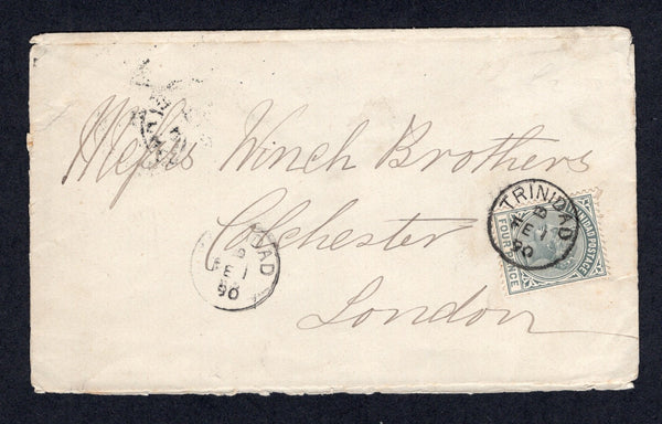 TRINIDAD & TOBAGO - 1890 - QV ISSUE: Cover franked with single 1883 4d grey QV issue (SG 110) tied by TRINIDAD cds dated FEB 1 1890. Addressed to UK with arrival cds on reverse.  (TRI/40417)