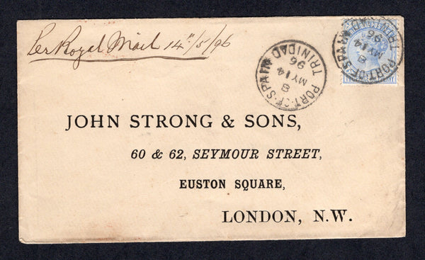 TRINIDAD & TOBAGO - 1896 - QV ISSUE: Cover with 'Piano Warehouse, H. STRONG. George Town' imprint on flap and manuscript 'Per Royal Mail 14th / 5 / 96' at top franked with single 1883 2½d bright blue QV issue (SG 108) tied by PORT OF SPAIN cds dated MY 14 1896. Addressed to UK with arrival cds on reverse.  (TRI/40418)