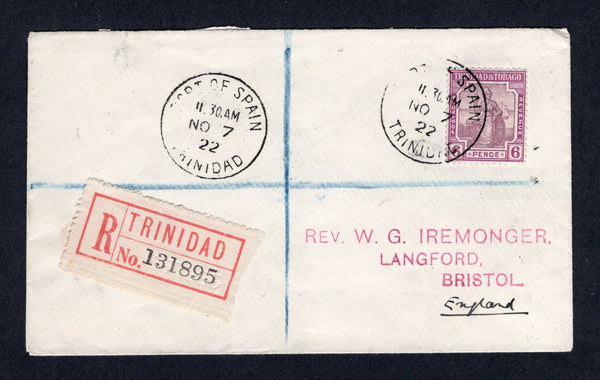 TRINIDAD & TOBAGO - 1922 - REGISTRATION: Registered cover franked with single 1921 6d dull & bright purple (SG 212) tied by PORT OF SPAIN cds dated NOV 7 1922 with printed red & black 'TRINIDAD' registration label alongside. Addressed to UK with arrival mark on reverse.  (TRI/40419)