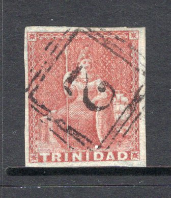 TRINIDAD & TOBAGO - 1851 - CLASSIC ISSUES: 1d brownish red 'Britannia' issue on blued paper, a superb copy, four large margins used with central strike of numeral '2' of SAN FERNANDO. (SG 7)  (TRI/6620)
