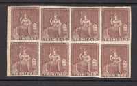 TRINIDAD & TOBAGO - 1851 - MULTIPLE: 1d purple brown 'Britannia' issue on blued paper, a side marginal mint block of eight with full O.G. Light crease across three stamps. Attractive multiple. (SG 2)  (TRI/6621)