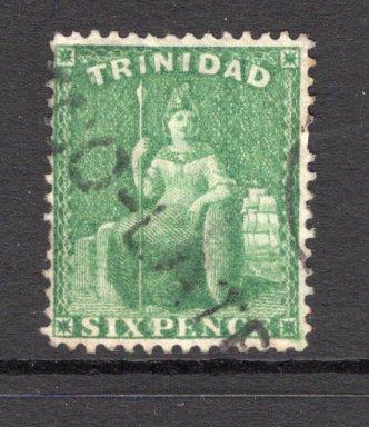TRINIDAD & TOBAGO - 1863 - CANCELLATION: 6d bright yellow green 'Britannia' issue, perf 14, a fine used copy with straight line 'TOO-LATE' cancel in black. (SG 77)  (TRI/6623)