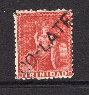 TRINIDAD & TOBAGO - 1863 - CANCELLATION: 1d scarlet 'Britannia' issue, perf 12½, a fine used copy with straight line 'TOO-LATE' cancel in black. (SG 69c)  (TRI/6624)