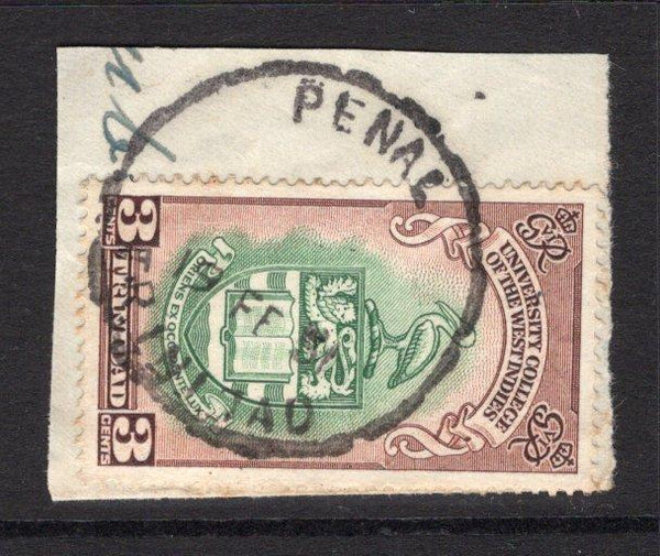 TRINIDAD & TOBAGO - 1951 - CANCELLATION: 3c green & red brown 'University' issue fine used on small piece tied by large PENAL skeleton cds dated 19 FE 1951. (SG 265)  (TRI/6656)