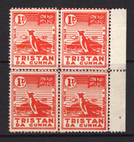 TRISTAN DA CUNHA - 1946 - LOCAL ISSUE: '1d / 4 Potatoes' carmine red 'Penguin & Flag' LOCAL issue, original printing. A fine unused side marginal block of four.  (TRS/16477)
