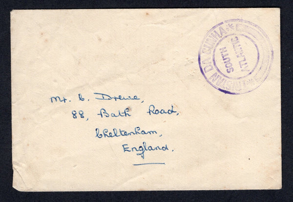 TRISTAN DA CUNHA - Circa 1919 - PROVISIONAL CACHET: Undated stampless cover with superb strike of 'TRISTAN DA CUNHA SOUTH ATLANTIC' type II cachet in violet on front (SG C2). Addressed to UK. Rare.  (TRS/22897)