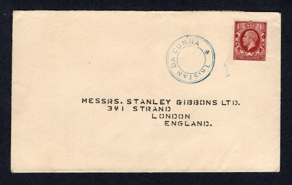 TRISTAN DA CUNHA - 1935 - PROVISIONAL CACHET: Cover franked with Great Britain 1934 1½d red brown GV issue (SG 441) uncancelled with fine strike of 'TRISTAN DA CUNHA' type V cachet in blue alongside (SG C6). Addressed to Stanley Gibbons in UK with manuscript 'Recd in London' and '23 APR 1935' date handstamp on reverse.  (TRS/22898)