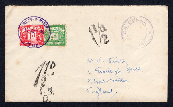 TRISTAN DA CUNHA - 1949 - PROVISIONAL CACHET: Stampless cover with fine strike of 'TRISTAN DA CUNHA' type VIII cachet in purple on front (SG C10). Addressed to UK, taxed on arrival with '1½D I.S.D.' TAX marking and '1½d' marking on front with added 1937 ½d emerald and 1d carmine 'Postage Due' issue (SG D27/D28) tied by MILFORD HAVEN cds dated 16 MAY 1949.  (TRS/22903)