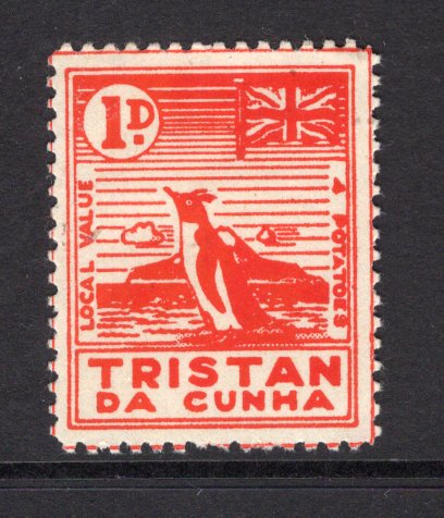 TRISTAN DA CUNHA - 1946 - LOCAL ISSUE: '1d / 4 Potatoes' carmine red 'Penguin & Flag' LOCAL issue, original printing. A fine unused copy.  (TRS/39524)