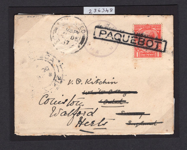 TRISTAN DA CUNHA - 1917 - PROVISIONAL CACHET: Cover franked with Great Britain 1912 1d bright scarlet GV issue (SG 357) tied by boxed 'PAQUEBOT' marking with good strike of undated circular 'TRISTAN DA CUNHA' type I cachet in purple alongside (SG C1) carried on the Barque 'Michelet' which called at the Island in September 1917 on its voyage to Australia. The 'Michelet' was one of only two vessels that called at Tristan da Cunha in 1917. The mail was disembarked at ADELAIDE in South Australia with ADELAIDE 