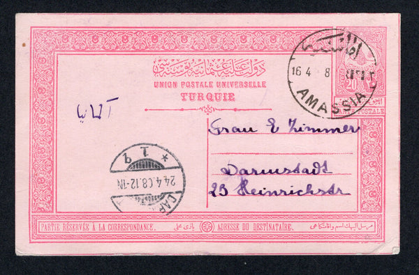 TURKEY - 1908 - POSTAL STATIONERY & CANCELLATION: 20pa carmine rose on pink postal stationery card (H&G 21) used with fine strike of AMASSIA cds dated 16. 4. 1908. Addressed to GERMANY with arrival cds on front.  (TUR/38761)