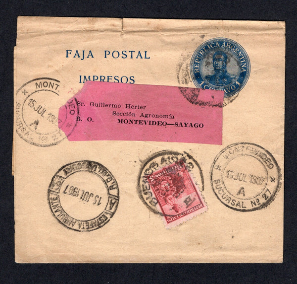 URUGUAY - 1907 - TRAVELLING POST OFFICES: Incoming Argentinean 1c blue postal stationery wrapper (H&G E34) with additional 5c carmine 'Liberty Shield' issue (SG 247) tied from BUENOS AIRES to SAYAGO, MONTEVIDEO with MONTEVIDEO SUCURSAL No. 27 arrival cds's and also fine strike of ESTAFETA AMBULANTE A64 travelling post office cds applied in transit. All markings on front. Fine item.  (URU/1033)