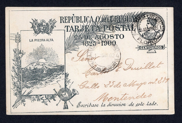 URUGUAY - 1902 - TRAVELLING POST OFFICES: 2c black postal stationery card (H&G 50) used with FLORIDA cds. Addressed to MONTEVIDEO with good strike of 'ESTAFT AMBULANTE A4' cds on front and MONTEVIDEO SERVICIO NOCTURNO arrival cds on reverse.  (URU/10774)