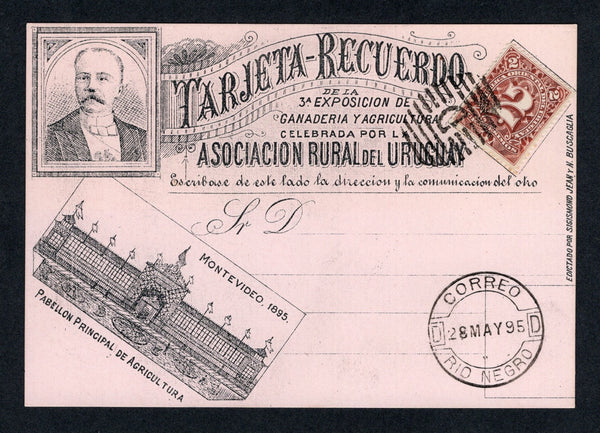 URUGUAY - 1895 - COMMEMORATIVE POSTCARD: Illustrated black on Pink  'Asociation Rural de Uruguay, 3rd Exposition de Ganaderia y Agricultura' commemorative card with image of 'Pabellon de Principal de Agricultura' unaddressed with 1889 2c carmine rose (SG 116) tied by barred 'D' cancel with RIO NEGRO cds alongside. Attractive.  (URU/10775)