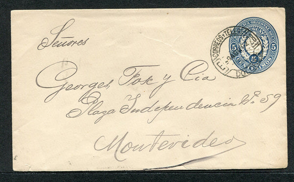 URUGUAY - 1902 - CANCELLATION: 5c blue postal stationery envelope (H&G B12a) used with DOLORES 'E28' cds. Addressed to MONTEVIDEO with arrival cds's on reverse.  (URU/10785)