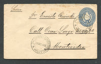 URUGUAY - 1902 - CANCELLATION & SWISS COLONY: 5c blue postal stationery envelope (H&G B12a) used with two fine strikes of N. HELVECIA 'F19' cds of the Swiss Colony in Uruguay. Addressed to MONTEVIDEO with arrival cds on reverse.  (URU/10786)