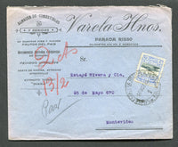 URUGUAY - 1919 - TRAVELLING POST OFFICES: Cover with printed 'Varela Hnos Parada Risso, Kilometro 229 via A Mercedes' firms imprint franked with 1919 5c grey & ultramarine (SG 353) tied by fine strike of ESTAFETA REEMPLAZO 1 cds. Addressed to MONTEVIDEO with blurred arrival cds on reverse. Scarce.  (URU/10804)