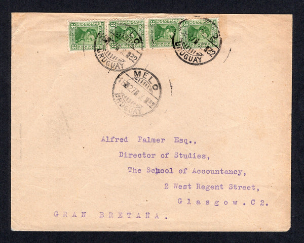 URUGUAY - 1932 - CANCELLATION: Cover franked with 4 x 1928 3c green 'Artigas' issue (SG 547) tied by multiple strikes of MELO cds. Addressed to UK.  (URU/10805)