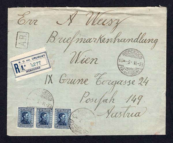 URUGUAY - 1933 - REGISTRATION: Registered cover franked with 3 x 1928 12c indigo 'Artigas' issue (SG 555) tied by MERCEDES cds's with blue & white printed 'MERCEDES' registration label alongside with small boxed 'AR' marking. Addressed to AUSTRIA with transit and arrival marks on reverse.  (URU/10818)