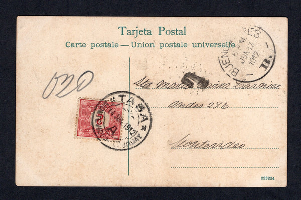 URUGUAY - 1912 - POSTAGE DUE: Incoming unfranked colour PPC 'Rep. Argentina - Cataratas del Iguazu' from ARGENTINA. Addressed to MONTEVIDEO, taxed on arrival with small unframed 'T' marking and 1902 2c carmine 'Postage Due' (SG D247) added and tied TASA MONTEVIDEO cds.  (URU/10836)
