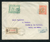 URUGUAY - 1925 - FIRST FLIGHT: Registered cover franked with 1925 5c rose and 45c blue green 'Centenary of Battle of Rincon' issue (SG 474/475) tied by oval CORREO AEREO 1825 24 SEPTIEMBRE 1925 MONTEVIDEO cancels in blue with printed registration label alongside. Flown on the MONTEVIDEO - RINCON first flight, addressed to RINCON with arrival marks on front & transit marks on reverse. (Muller #13)  (URU/10847)
