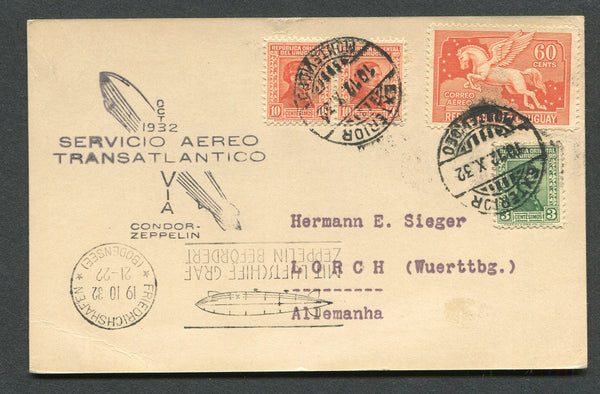 URUGUAY - 1932 - ZEPPELIN: Plain postcard franked with 1928 3c green and pair 10c orange 'Artigas' issue and 1930 60c vermilion 'Pegasus' issue (SG 547, 553 & 670) tied by MONTEVIDEO cds's. Flown on Zeppelin LZ127 on the Eighth South American Flight with Zeppelin cachet. Addressed to GERMANY with arrival mark on front. No message.  (URU/10849)
