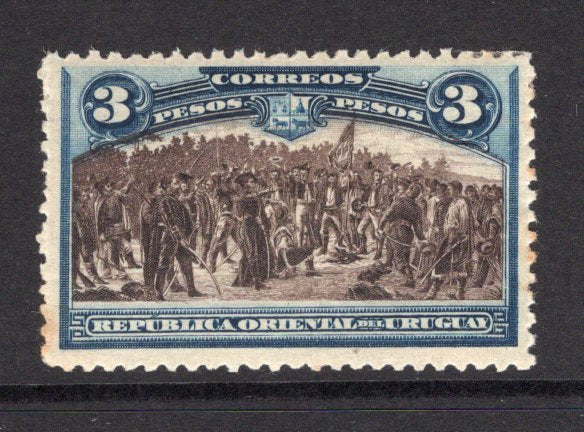 URUGUAY - 1925 - ESSAY: 3p deep blue & brown 'Centenary of Landing of General Lavalleja and the Immortal Thirty Three' ESSAY stamp produced by 'The American Banknote Co.' perforated and gummed. A fine copy. Rare.  (URU/18251)