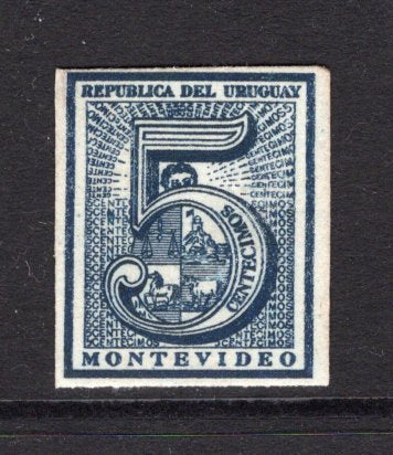 URUGUAY - 1866 - PROOF: 5c 'Numeral' issue a fine IMPERF PLATE PROOF in blue on medium card. (As SG 29)  (URU/18290)