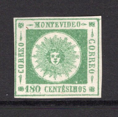URUGUAY - 1860 - CLASSIC ISSUES: 180c yellow green 'Montevideo' SUN issue, thick figures of value, a fine unused copy, four margins. A fine & rare stamp. (SG 19)  (URU/18986)