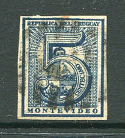 URUGUAY - 1866 - NUMERAL ISSUE & VARIETY: 5c deep blue 'Numeral' issue with variety 'CENTECIMO-' FOR 'CENTECIMOS'. Four margins. (SG 29b)  (URU/18988)