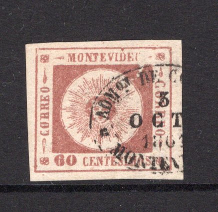 URUGUAY - 1860 - CLASSIC ISSUES: 60c purple 'Montevideo' SUN issue, coarse Impression, thick figures of value, a used copy with oval MONTEVIDEO cancel dated 3 OCT 1861, four large margins. (SG 15c)  (URU/23498)