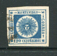 URUGUAY - 1860 - CLASSIC ISSUES: 120c deep blue 'Montevideo' SUN issue, thick figures of value, a fine lightly used copy, four large margins. (SG 18b)  (URU/23499)