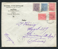 URUGUAY - 1942 - TRAVELLING POST OFFICES: Headed 'Hotel Piriapolis BALNEARIO' Cover franked with 1925 1c mauve, 3 x 2c rose and 5c pale blue 'Lapwing' issue (SG 477, 478 & 480) tied by three strikes of ESTAFETA AMBULANTE A25 cds. Addressed to SWITZERLAND with MONTEVIDEO transit cds on front and SWISS arrival cds on reverse.  (URU/2388)