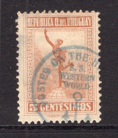 URUGUAY - 1922 - CANCELLATION & MARITIME: 5c yellow brown used with fine strike of undated POSTED ON THE HIGH SEAS S.S. WESTERN WORLD 'Anchor' cancel in blue. Very attractive. (SG 413)  (URU/24011)